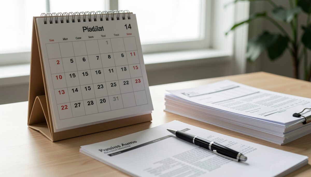 A calendar with marked dates, a stack of financial documents, and a pen, on a desk.