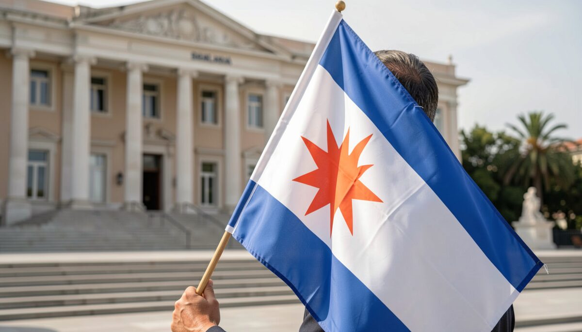 A person holding a Cypriot flag in front of a government building. Illustrative image, generated with AI.