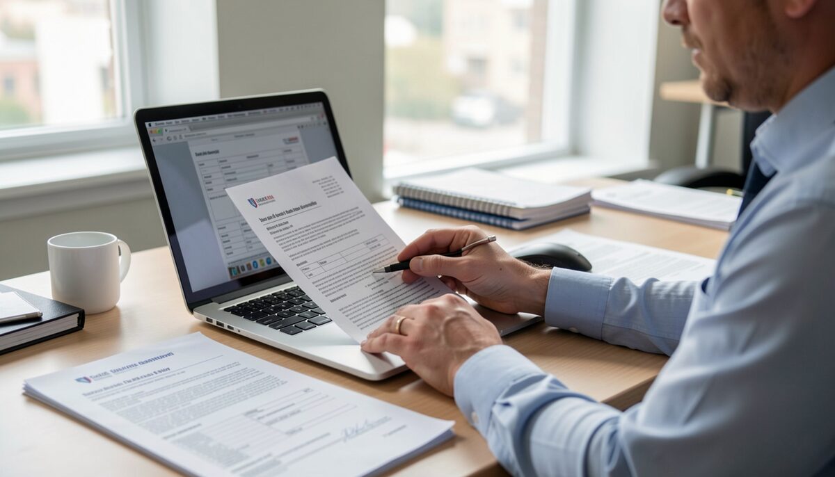A person reviewing company registration documents at a desk with a laptop and official paperwork, in a bright office.