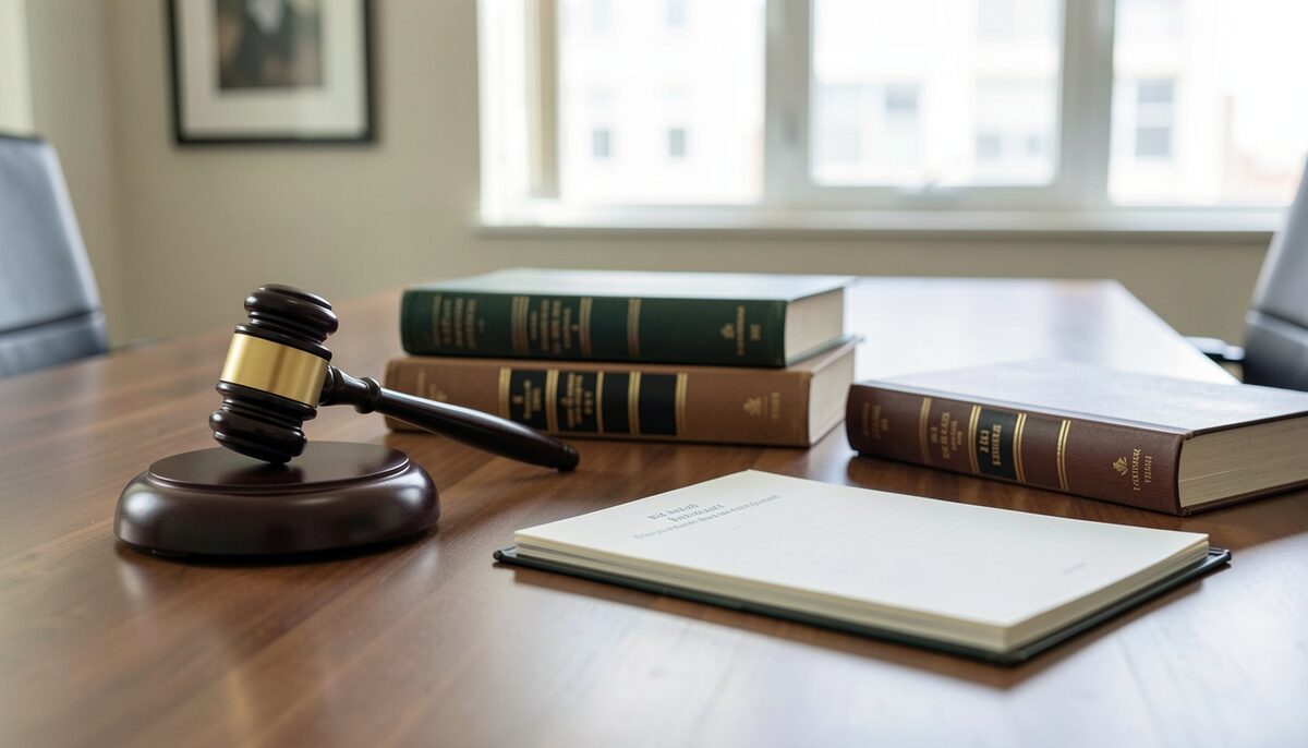 A boardroom table with a gavel, legal books, and a notepad, suggesting a meeting about corporate governance.