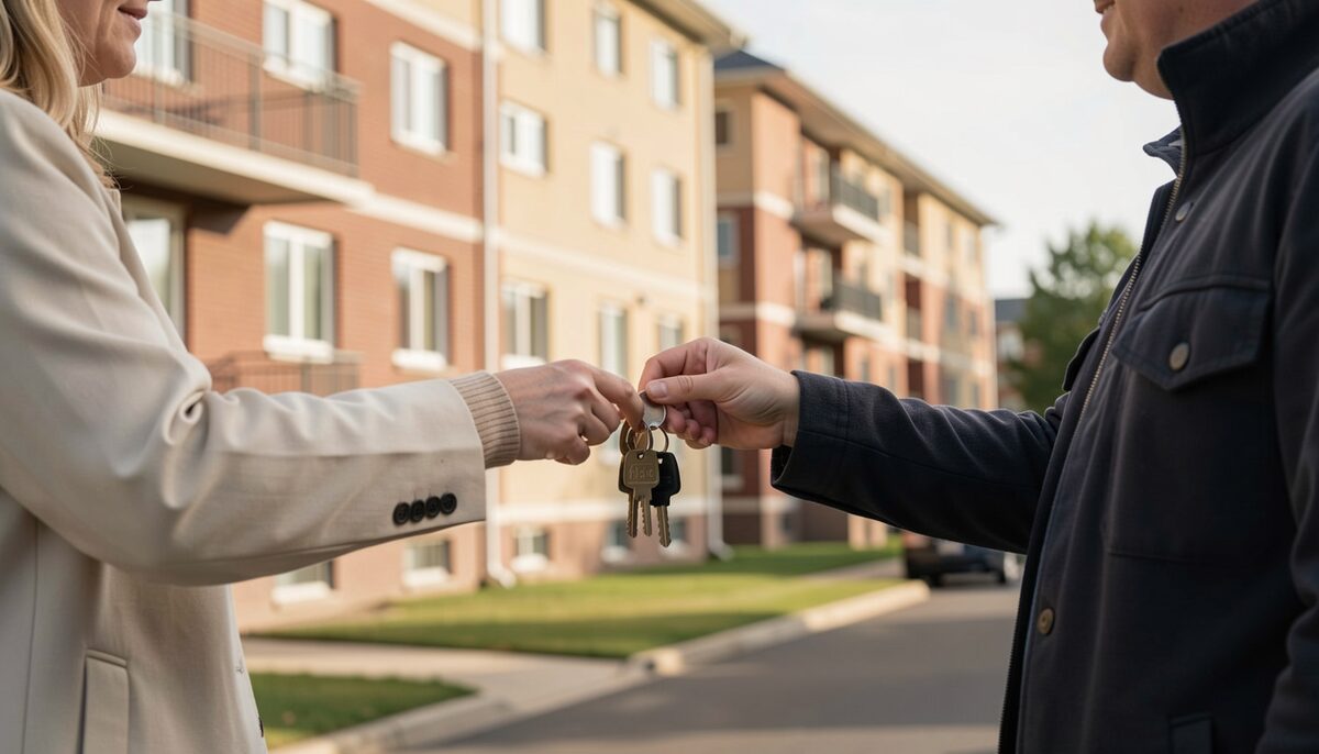 A person handing over keys to a tenant in front of a rental apartment building.