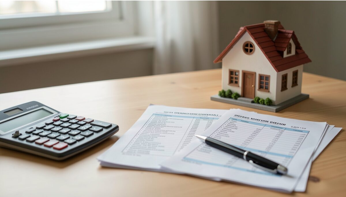 A calculator, tax forms, and a pen on a desk, with a small model house.