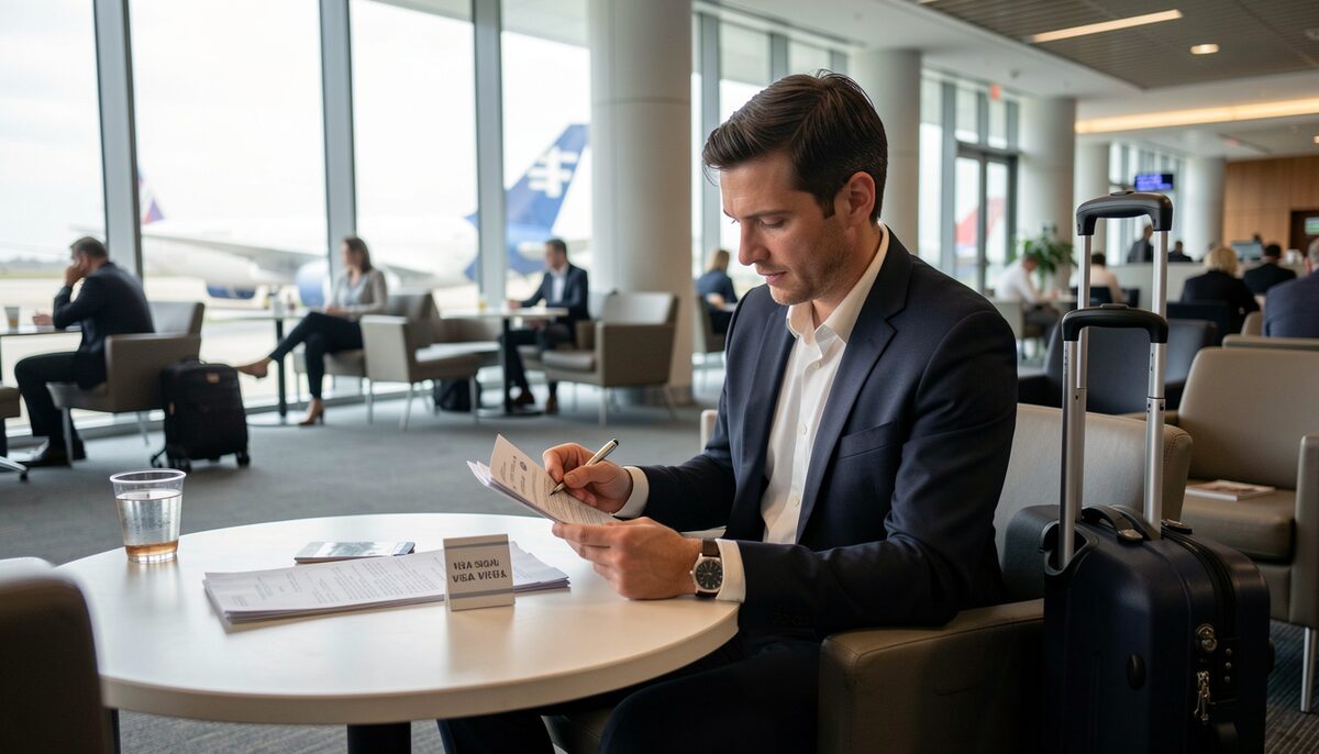 A foreign investor reviews Cyprus visa documents before departing for new opportunities.